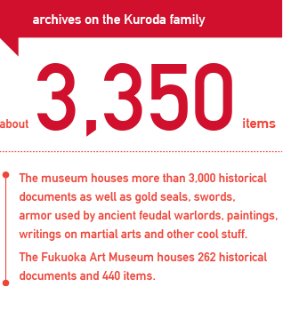 3,350items is No.1 in Japan.The museum houses more than 3,000 historical documents as well as gold seals, swords, armor used by ancient feudal warlords, paintings, writings on martial arts and other cool stuff.The Fukuoka Art Museum houses 262 historical documents and 440 items.